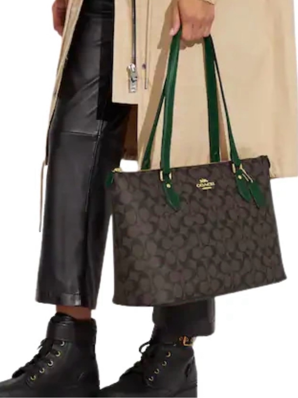 Coach Gallery Dark Brown Signature Tote with Green Leather Handles